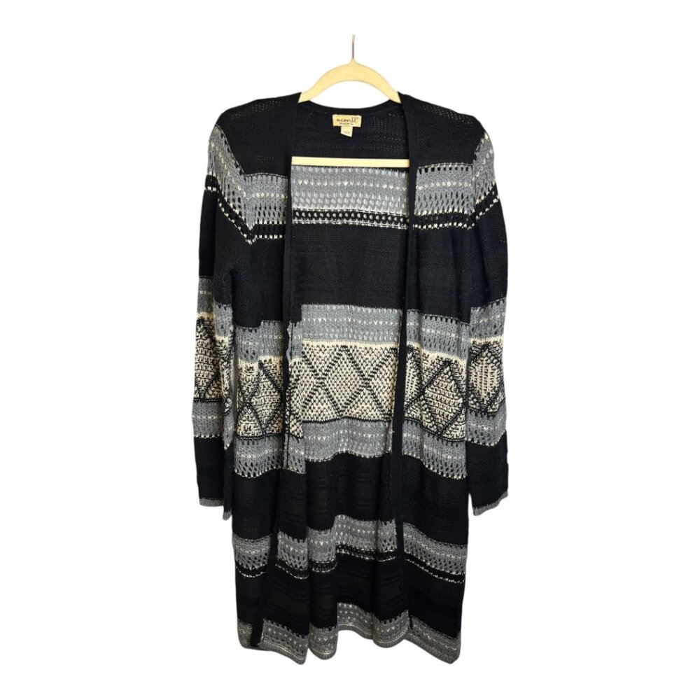 One World Sweater Women's Size Medium Cardigan Open Front crochet black gray
